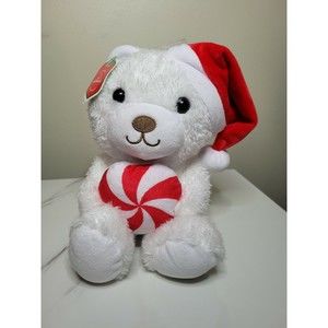Hallmark White Christmas Bear Holding Peppermint Swirl Candy Stuffed Plush 12"